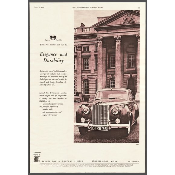 1958 Samuel Fox Silver Fox Rolls Royce Vintage Print Ad Classic Car Wall Art - Picture 1 of 1